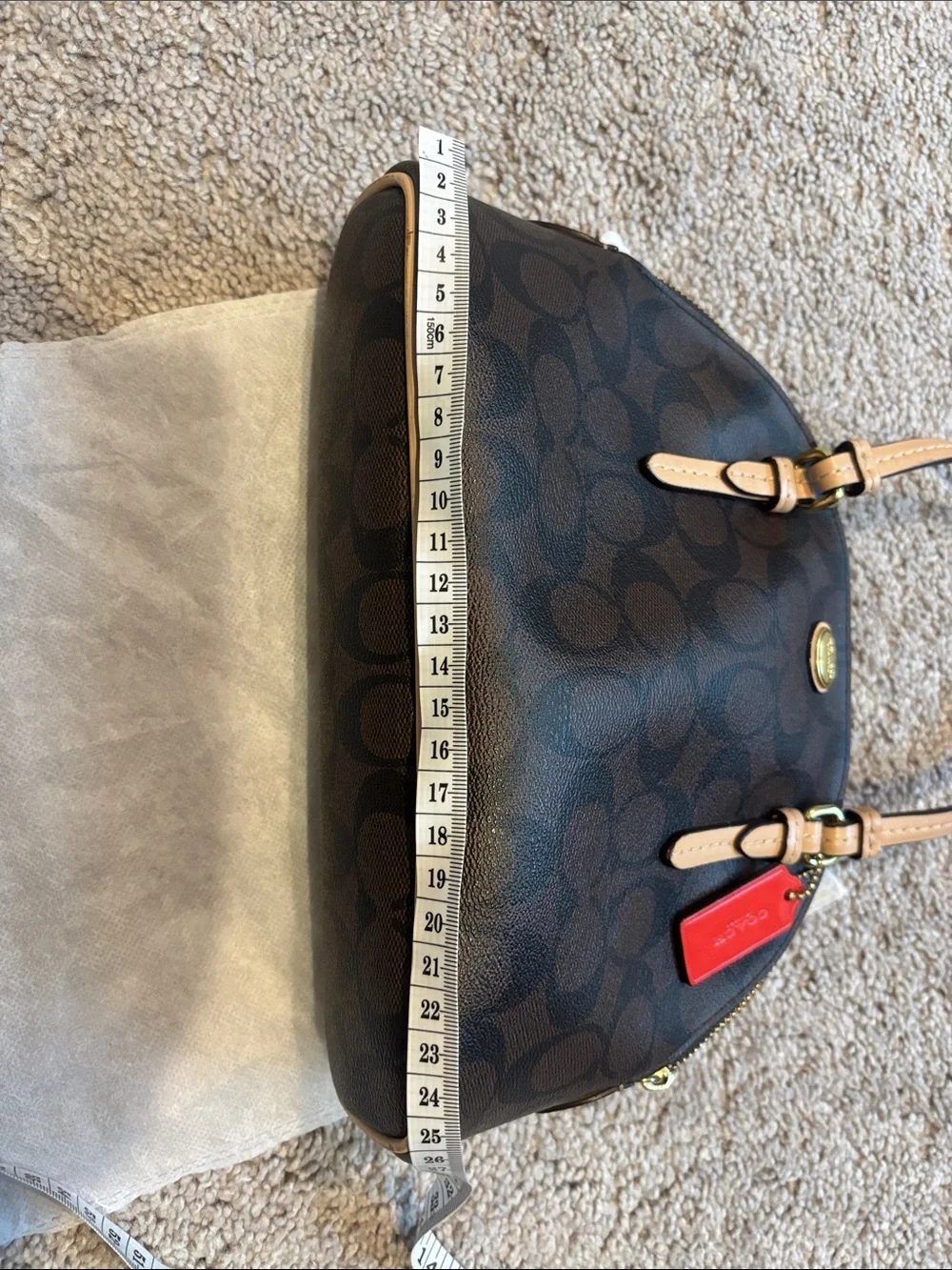 Coach Brown Signature Mini Dome Satchel with Tan Handles and Red Tag